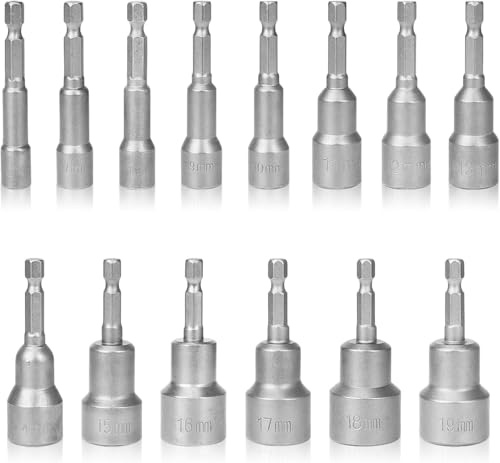 Juego de 14 llaves de vaso hexagonales, juego de destornilladores de tuerca de 6 a 19 mm, brocas magnéticas de cambio rápido para taladros eléctricos, destornillador eléctrico (65 mm de longitud)
