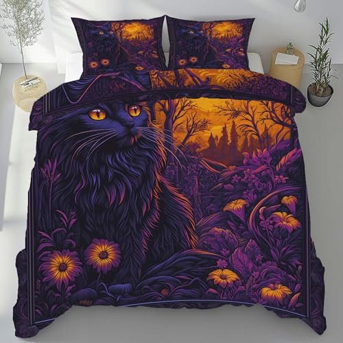 Kntnshac Anime Katze Bettwäsche 200x200, Cartoon Wald Microfaser Bettwäsche-Set, Blumenmuster Wendebettwäsche mit Reißverschluss，Enthält 1 Bettbezug und 2 Kissenbezug 80x80 cm