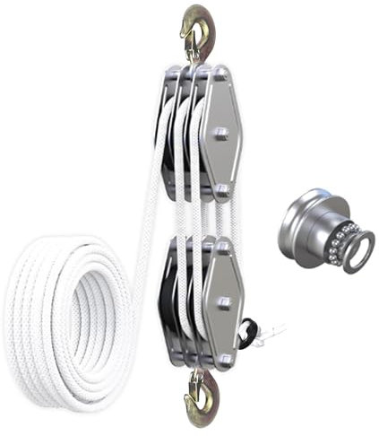 Goumthe 2 Ton Rope Hoist Pulley Block with Metal Bearing 4400lbs Max Load, 20 m (65.6 ft) Nylon Rope Heavy duty Steel Hooks Lifting Pulley Block for Garage Warehouse Lifting and Moving Heavy Objects