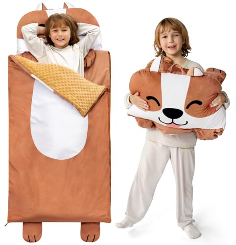 JOIEDOMI Sacco nanna a forma di cane marrone, 167 x 77 cm, con cerniera, cuscino e coperta - Dai 3 anni in su - Sacco nanna per bambini piccoli - Per bambini e bambine in età prescolare