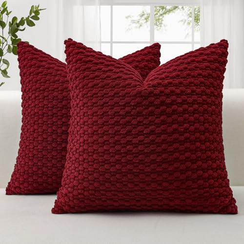 JOTOM Corduroy Soft Decorative Cushion Covers 45x45 cm Set of 2 Decorative Throw Pillow Covers with 3D Bubble Texture Pillowcase for Couch Sofa Bedroom Soft Cushion Case for Home Decor (Burgundy)