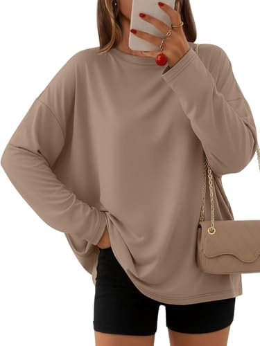 AUTOMET Women's Oversized Long Sleeve Shirts Fall Trendy Tops Tee Fashion Gym Tshirts Baggy Basic Casual Loose Fit Workout Y2k Clothes Khaki M