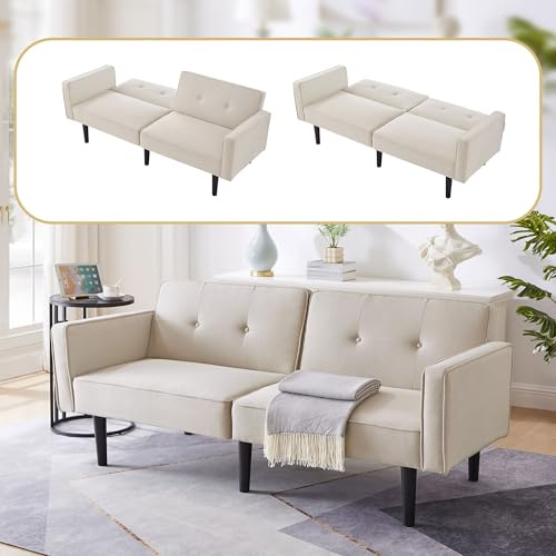 Massbinet [Multifunktionales verstellbares Sofabett 2-in-1-Sofabett Zweisitzer-Sofa unabhängig verstellbare Doppelrückenlehnen mit Schlaffunktion Baumwoll-Leinen-Stoff Beige