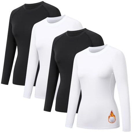 HYCOPROT 4 Pack Women's Thermal Compression Shirts Long Sleeve Fleece Lined Athletic Tops Winter Baselayer Workout Underwear Shirt Warm Wicking Crew Neck Basic Tee Gym Clothing Yoga Running Hiking