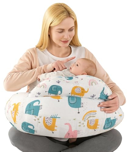 Labtec Nursing Pillow for Breastfeeding Baby, Multifunctional Breast Feeding Pillow with Adjustable Waist Strap and Safety Fence, 100% Cotton Removable Pillowcase, Elephant Pattern
