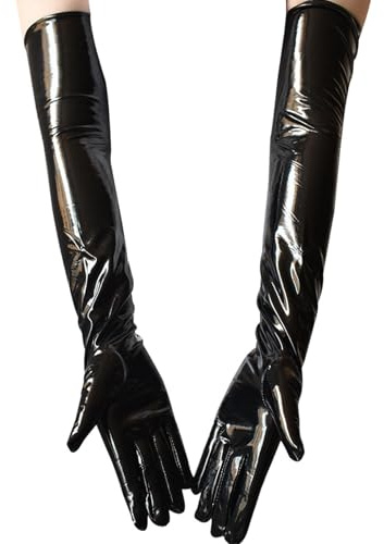 TENGWA Leder Handschuhe Frauen Lange Schwarze 54 * 11 cm Catwoman Kostüm Shiny Latex Handschuhe Sexy Damen Leather Gloves Geeignet für Maskenbälle Mottopartys und Karneval