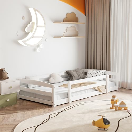 ZIKEBTUY Bodenbett 90x200cm Montessori Kinderbett mit Rausfallschutz & Lattenrost Kiefer Massivholz bis 100 kg belastbar für Jungen Mädchen Kinder Bett