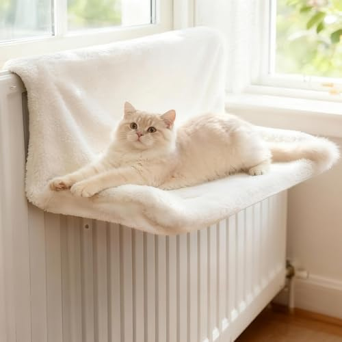 Wxeadu Katzenbett Heizung, Aufhängbar Hängematte Katze, Warmes Rundum Gepolstert Katzenhängematte, Waschbare Heizungsliege Katze Aus Lammwolle für Alle Heizkörper (45 * 30 cm Weiß)