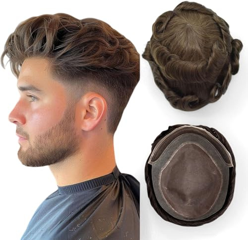 Ehairc Toupee for Men 7x9 inch Mono Lace Pu,Toupee Human Hair Swiss Lace Front With Pu Around 100% Human Hair Breathable Men's Toupee 120% Medium Density (#4)
