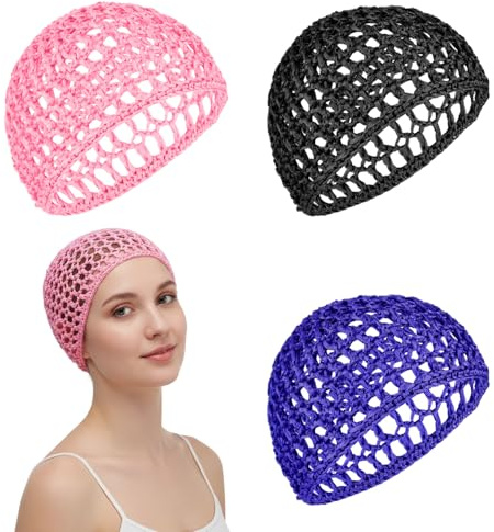 3Pcs Hair Nets for Sleeping in, Elastic Crochet Hair Net Soft Hair Wrap Net Reusable Knit Hairs Snoods for Women Thick Long Short or Curly (Black Pink Purple)