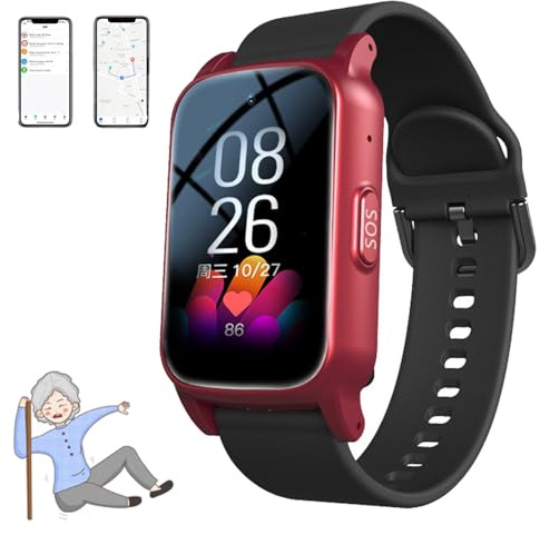 BoluDukNN Alarme Anti-Chute pour Personnes âgées, Traceur GPS pour Personnes âgées Atteintes De Démence, Détection De Chute Et Appel d'urgence, Appel Vidéo HD 4g, étanchéité Ip67, Multilingue Red