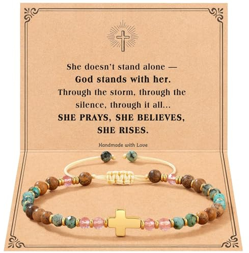 Cross Bracelet - Christian Gifts for Women, Adjustable Inspirational Natural Stone Bracelet, with Bible Card, Religious Jewelry, Friendship Bracelet, Jesus Gift for Baptism Easter Everyday Faith