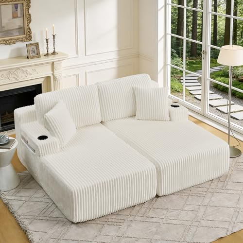 Lekvvied Sofá modular Boneless de 2 plazas, sofá cama de matrimonio con portavasos, sofá de compresión con bolsillo lateral, sofá sin montaje, sofá modular de 2 plazas, pana (beige)