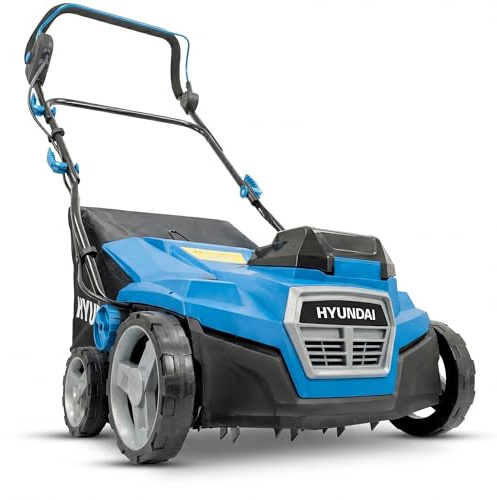Hyundai Scarificateur et aérateur sans Fil de 38 cm (2 x 20 V), Moteur sans balais, 5 réglages de Profondeur de -12 mm à + 6 mm, Sac de Collecte 45L, 2 Batteries 4,0 Ah et Charge