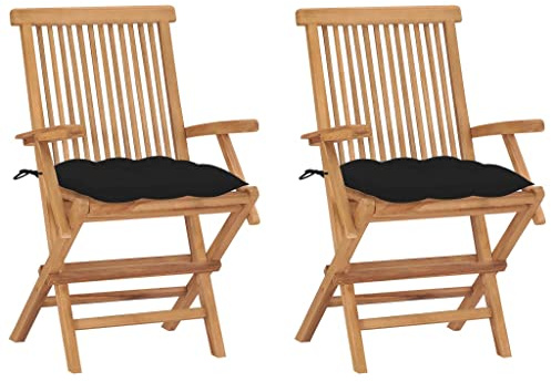 YuuSsea Trädgårdsstolar av massivt teak med svart kudde 2 stycken vikbara med armstöd och stoppning för balkong terrass utomhus camping pool bekväm väderbeständig