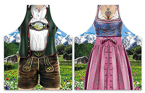 Närbild köksförklädesset Dirndl & läderbyxor/2 förkläden för henne och honom