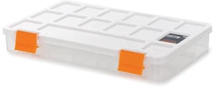 Perel Caja de almacenamiento, 15 compartimentos fijos y apilables, 230 x 150 x 33 mm, transparente/naranja