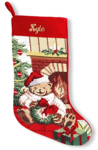 Lillian Vernon Personalized Heirloom Christmas Stocking Needlepoint Teddy Bear, 100% Wool, 9.5 W x 17 L