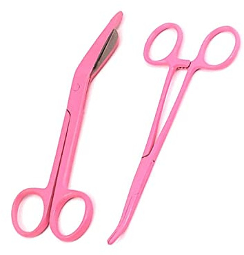 Laja Imports Lot Of 2 Lister Bandage Scissors 5.5 + Crile Hemostat Forceps Curved 5.5 Pink Color Stainless Steel Scissors Forceps for Educational Use