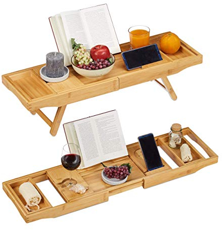 relaxdays Bath Caddy bambù, Mensola Vasca & Vassoio 2 in 1, Reggilibri, Porta Bicchieri, Regolabile 74,5-114 cm, Legno, Poliestere, 18 x 114 x 25 cm