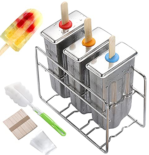 Molde para Helados de Acero Inoxidable Juego de Moldes para Paletas de Hielo 3pcs DIY en Casa con Base de Soporte, Palitos para Helados y Cepillo de Limpieza