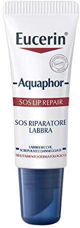 Eucerin Aquaphor SOS Riparatore Labbra 10 g, Balsamo labbra per cura e sollievo immediato in 60 secondi, Burrocacao per pelle secca, screpolata e danneggiata ad azione rapida