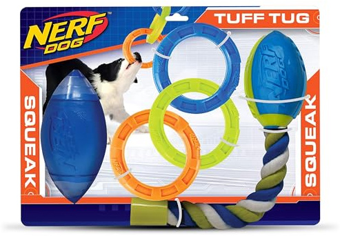 Nerf Dog Toy Gift Set, 3-Piece Set of Outdoor Dog Toys for Tug and Fetch, Includes Classic Squeak Football, 3-Ring Tug and Nitro Blitz Squeak Football