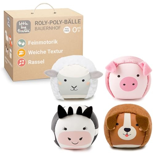 Little Big Friends | Set de 4 Pelotas Sensoriales para Bebé con Sonajero | Texturas Suaves, Fáciles de Agarrar y Motricidad Fina | Juguetes Sensoriales Bebé 0-12 Meses |Pelotas Roly Poly Ferme