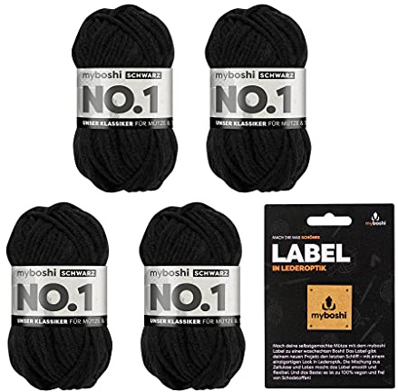 myboshi No.1 Wolle zum Häkeln und Stricken, Schnellstrickgarn, inkl. Label, Strickwolle, Häkelwolle, mulesing-frei, Ll. 55m /50g, 30% Wolle (Merinowolle) Schwarz (Schwarz), 4 Knäuel