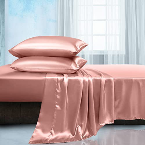 Manyshofu Satin Queen Sheets Set 4 Piece - Soft Silky Satin Sheets Set, Rose Gold Satin Bed Sheets Cooling & Luxury Bedding Sheet Set(1 Fitted Sheet, 1 Flat Sheet, 2 Pillow Cases)