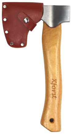 Xforst Beil, Axt, Handbeil, aus geschmiedetem Kohlenstoffstahl. Trekkingbeil aus Hickory Holz Stiel mit Schneidenschutz aus echtem Leder. Wikinger Axt. 27 cm / 0,67kg. Modell X-AG1.