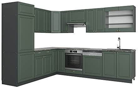 Vicco Cucina angolare completa Fame-Line, Verde-oro rustico/Antracite, 287 x 46 cm senza piano di lavoro, per una progettazione flessibile della cucina e un'espansione personalizzata