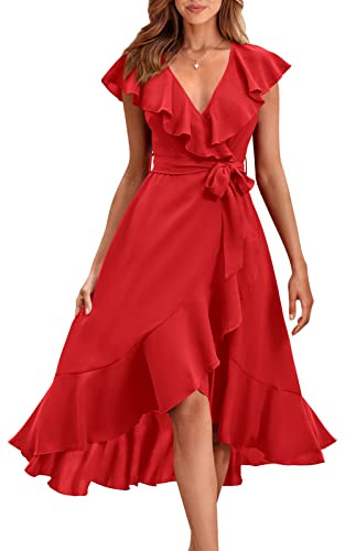 PRETTYGARDEN Sleeveless Cross V Neck Summer Dresses for Women 2024 Short Sleeve Ruffle Easter Dress for Women Midi Dress (Red,XX-Large)