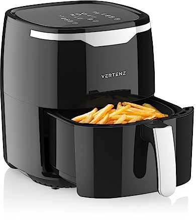 VERTENZ Taste 50 | Kompakte Heißluftfritteuse Airfryer XL 5 Liter Fassungsvermögen | 8 Automatische Menüs | 1400 W | LED-Touchscreen | Antihaft-Frittierkorb | Fettfrei Ohne Öl | 200°C | Schwarz