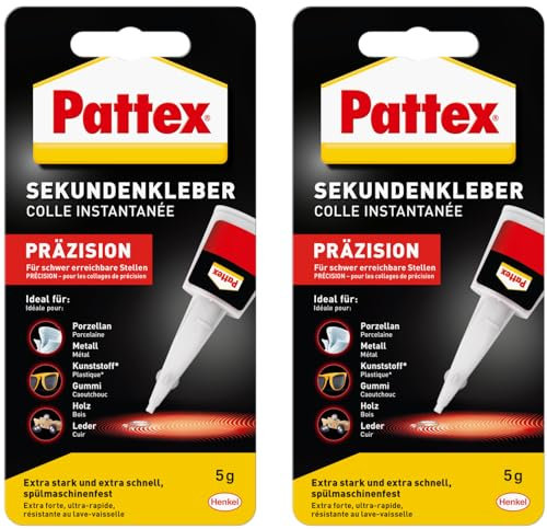 Pattex Sekundenkleber Präzision, Superkleber für punktgenaues Kleben ohne Nachtropfen, schnelltrocknender, spülmaschinenfester Flüssigkleber, 1x 5 g Flasche (Packung mit 2)