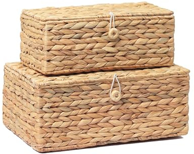LUSYDECO Set of 2 Rectangular Wicker Storage Bins with Lid, Rattan Basket Decorative Boxes, Multipurpose Organizer Display Boxes for Shelf Organizer, Boho Rattan Box for Home Decoration