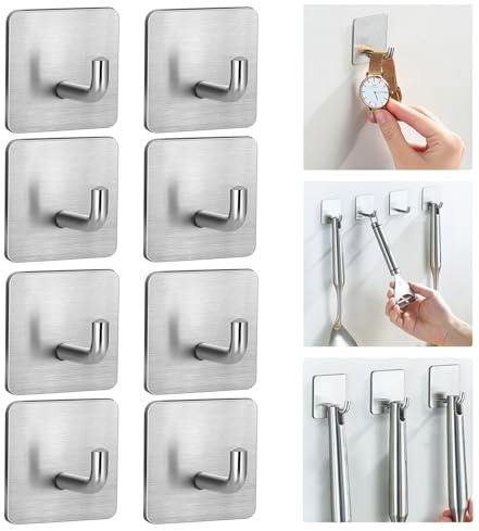 WASYPLSFOI Klebehaken Magische Haken Hook Selbstklebend Wandhaken Badezimmer Küchenhaken Wand Küche Klebe Extra Stark Edelstahl, 8 Stück