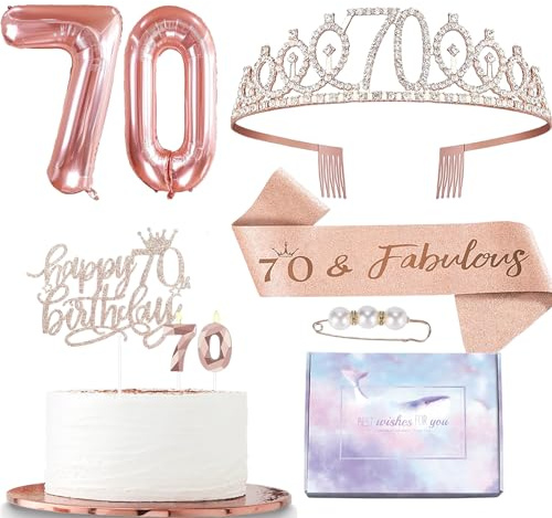 Rose Gold 70th Birthday Decorations for Girls & Women - Birthday Sash, Tiara & Rhinestone Crown, Cake & Candle Toppers, Foil Balloons & Party Favors