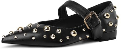 Trkyyk Women's Studded Flats Pointed Toe Mary Jane Flat Shoes Black Size 7.5
