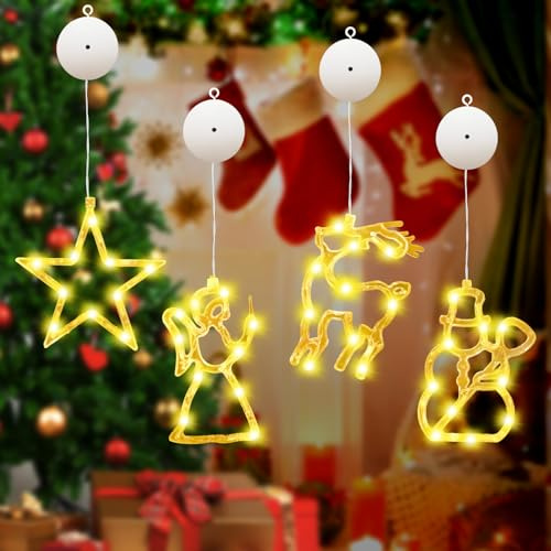 TaimeiMao LED Weihnachtsbeleuchtung 4er Set,Weihnachtsdeko Sucker Lampe,Fenster Deko LED Saugnapf Weihnachten Lichter, Vorhang Lichter,Saugnapf Lichterkette Weihnachten (4A-HB)