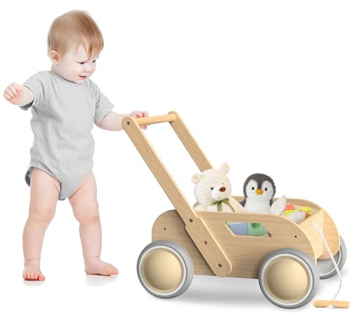 Wooden Baby Walker, Push and Pull Learning Walking Toys for Babies Infants to Toddler, Walker with Wheels for Boys Girls, Gift for Birthday Christmas, Natural