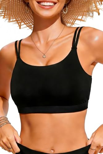 Black Women Sports Bra Bikini Top - Scoop Neck Criss Cross Back Swim Top Spaghetti Straps Bathing Suit Top Only 2025 L
