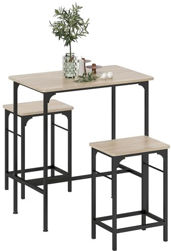HOMCOM Bartisch Set Bartisch mit Barhocker-Set Esstisch mit 2 Stühlen mit Rutschfestem Fußpolster Küchentisch für Esszimmer, Küche, Naturholz