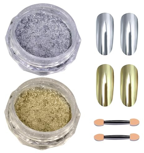 Chrome Nail Powder 2 PCS Pigment für Nägel Chrome Powder Nails Spiegeleffekt Metallic-Chrom-Pudernägel Glitzernägel Pudernageldesign Chrompulver für Nagel-DIY