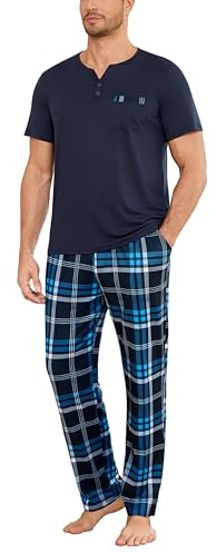 Bresdk Pigiami Uomo Estivo in Cotone Lungo Pigiami Due Pezzi Maniche Corte e Pantaloni Lunghi Scozzesi con Tasche per Casa Morbido Loungewear,Blu,L