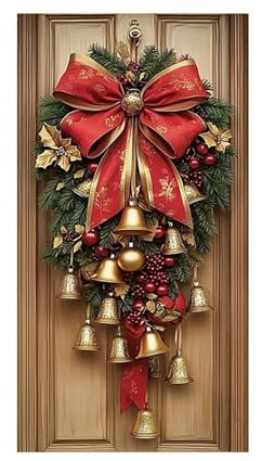 Weihnachtsglocken-Türbehang, rot-goldenes Weihnachtsbanner mit Schleife, Glöckchen, Tannenzapfen, Beeren, Haustürdekoration für drinnen und draußen, 180 x 89 cm (Green, One Size)