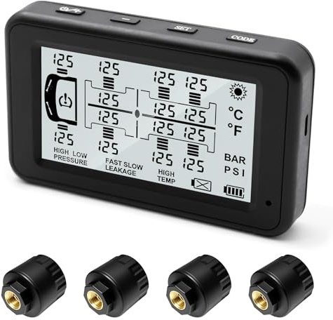 Compact 3.7 Wireless TPMS with 4 Anti-Theft Sensors, Solar Energy Tire Pressure Monitoring System for Cars, Tow Trailers & SUV, 5 Safety Alarms, Easy Installation, 36ft Range