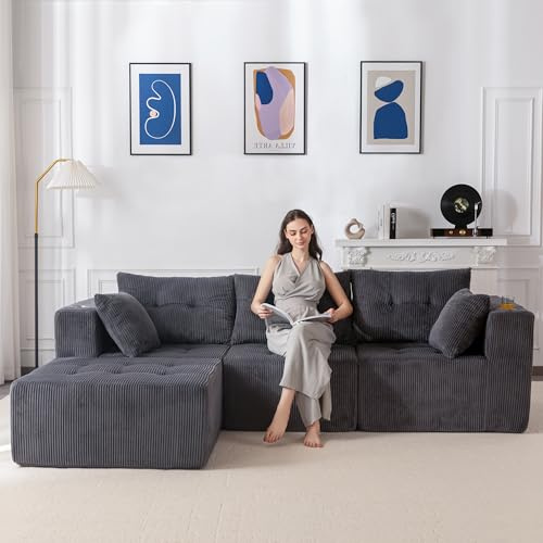 MAXYOYO Corner Sofa with Cup Holder, Boneless Couch with Memory Foam Deep Seat, Jumbo Corduroy Modular Sectional Sofa Convertible for 3/4 Seater, No Assembly Required