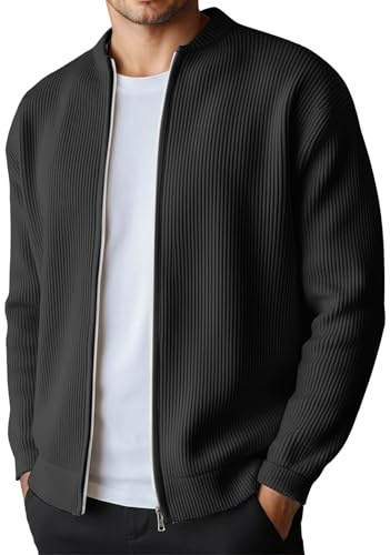 Generisch Cardigan da uomo, casual, con chiusura lampo, elegante, maglia grossa, scollo rotondo, oversize, a righe, tinta unita, O nero., XXXXXXL