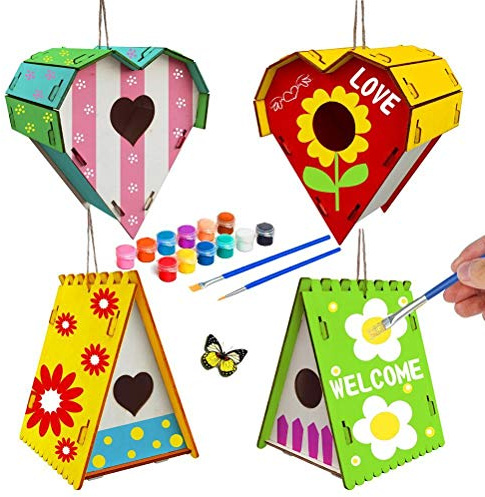 Kit de Nichoir à Oiseaux à Peindre, Maison en Bois pour Enfants avec 12 | Assemblage sans clous ni colle, 12 pots de peinture inclus, activité créative pour enfants, décoration de jardin suspendue